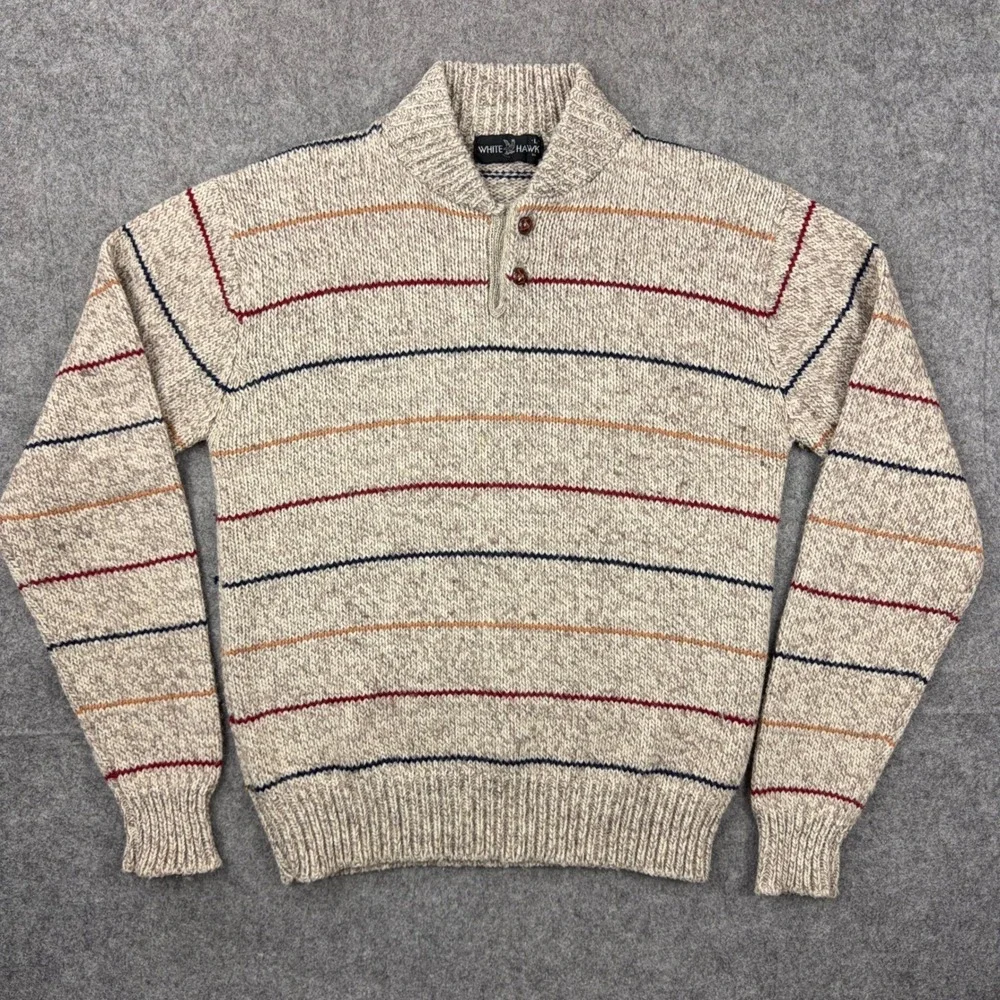 VTG White Hawk Striped Sweater Mens Large Chunky Knit Mock Neck 80s Ski Cabin